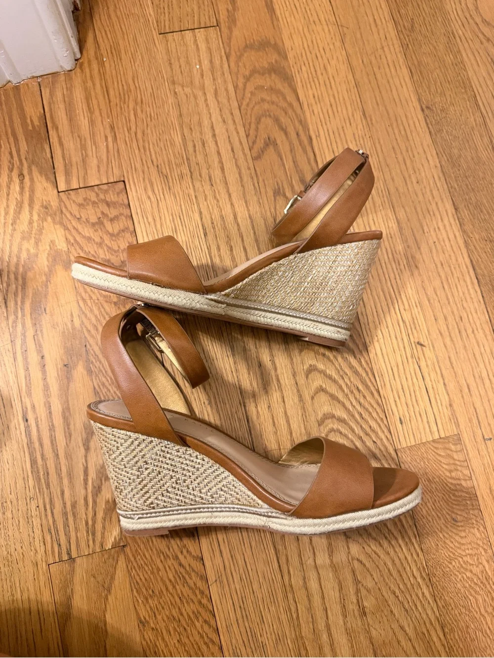 Tan Wedge Sandals with Ankle Strap